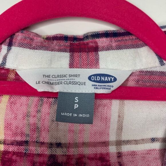 Upcycled Pink and Navy Distressed Bleach Splatter Plaid Button Down Shirt - Picture 3 of 6